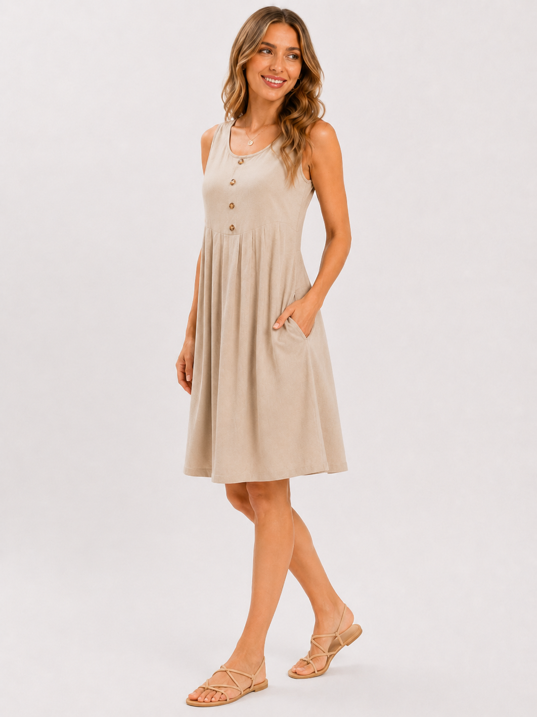 Mouwloze Midi-jurk met Knoopdetail