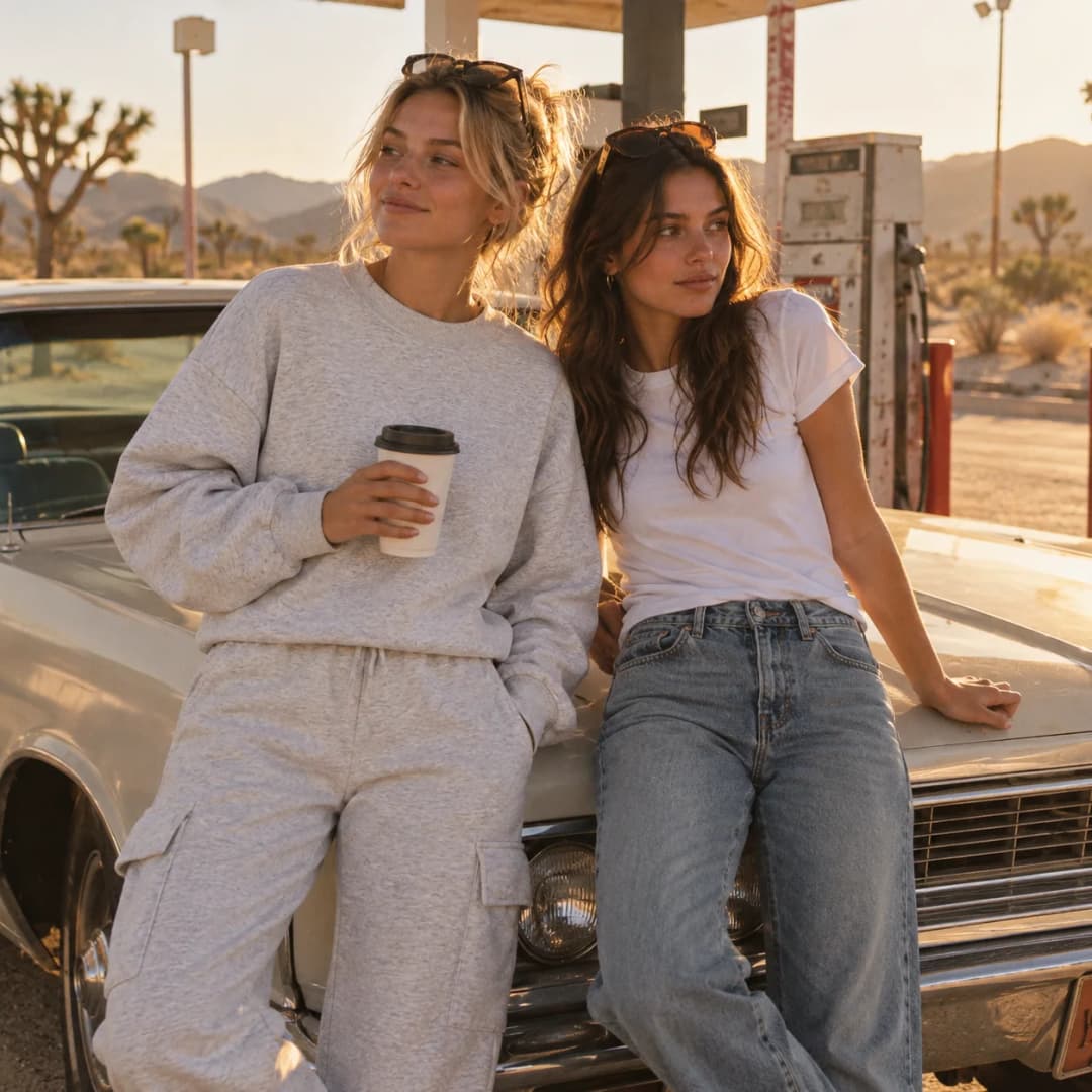Two friends leaning on a vintage car at a desert gas station, one wearing the light gray Dropped Shoulder Sweatshirt and Cargo Pants set